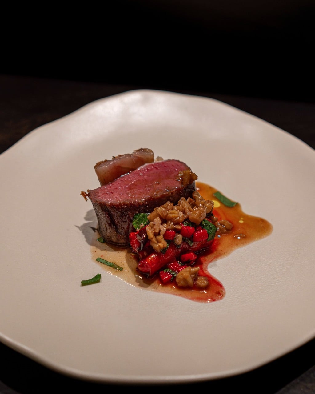 Lamb, Beet Juice-Marinated Carrots, Walnuts & Ume(boshi) Sauce, Sesame Leaf, Guava