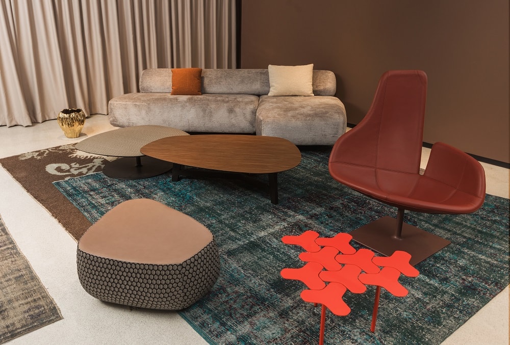 From Moroso, the Gogan sofa and the Fjord armchair and stool with the Phoenix low tables, all by Patricia Urquiola are accompanied by the Nanook by Philippe Bestenheider From Moroso, the Gogan sofa and the Fjord armchair and stool with the Phoenix low tables, all by Patricia Urquiola are accompanied by the Nanook by Philippe Bestenheider