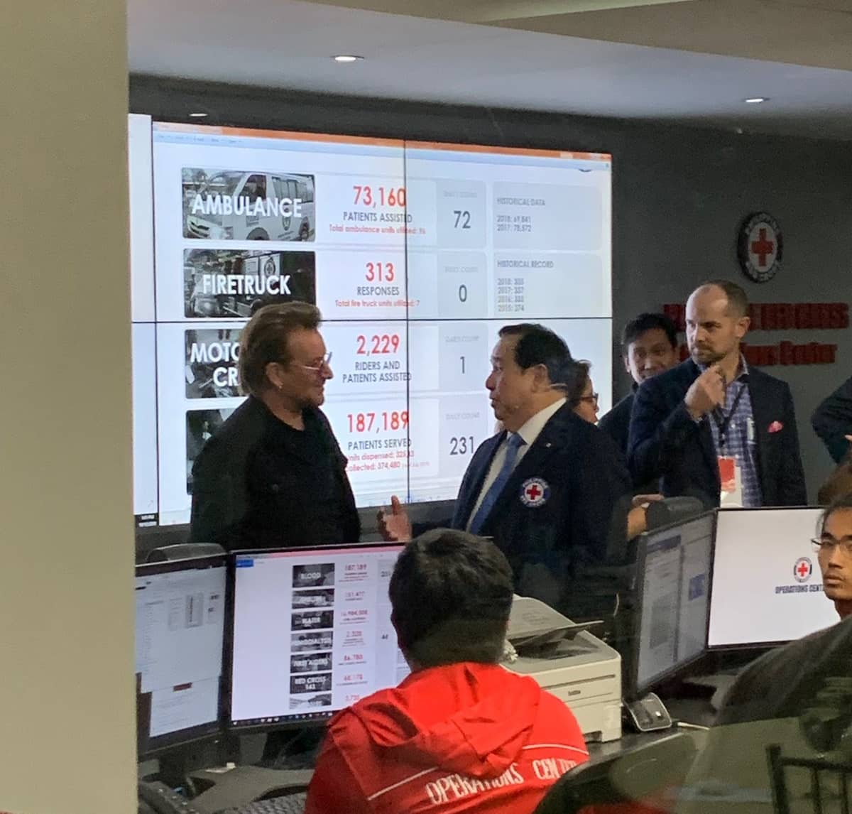 U2 lead vocalist and Zipline Board Member Bono with Philippine Red Cross Chairman and CEO, Senator Richard Gordon at the Red Cross Headquarters U2 lead vocalist and Zipline Board Member Bono with Philippine Red Cross Chairman and CEO, Senator Richard Gordon at the Red Cross Headquarters