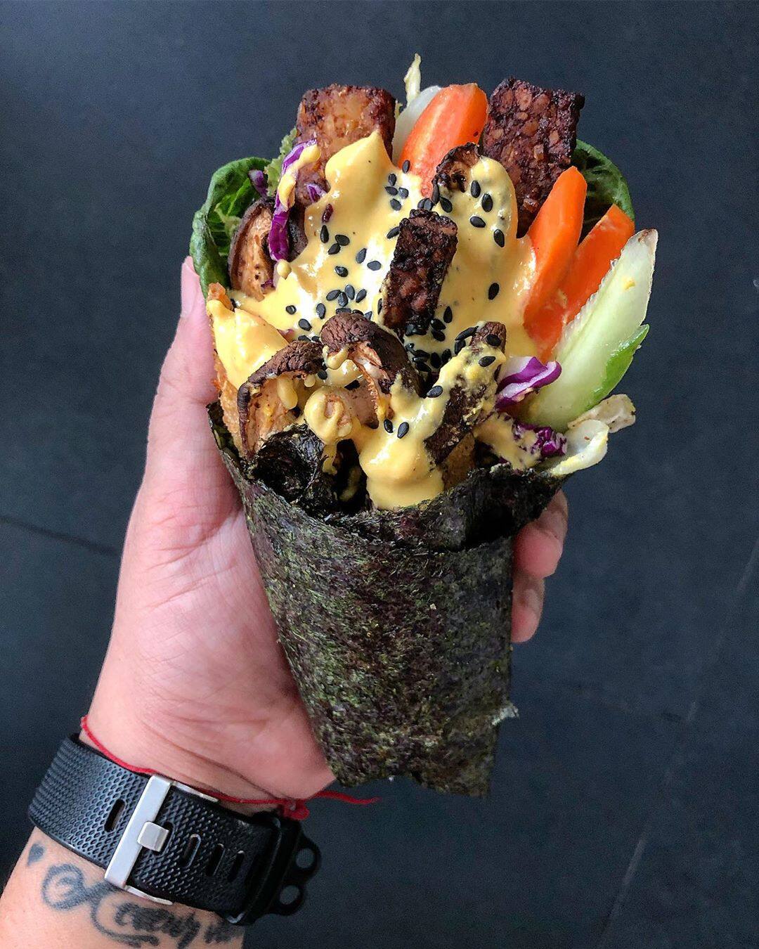 Business lunch meeting grub for me and @lu_ide today! Low-carb nori wraps stuffed with veggies, tempeh and mushroom bacon, Caesar dressing, and some coconut ceviche on the side 😋 Business lunch meeting grub for me and @lu_ide today! Low-carb nori wraps stuffed with veggies, tempeh and mushroom bacon, Caesar dressing, and some coconut ceviche on the side 😋